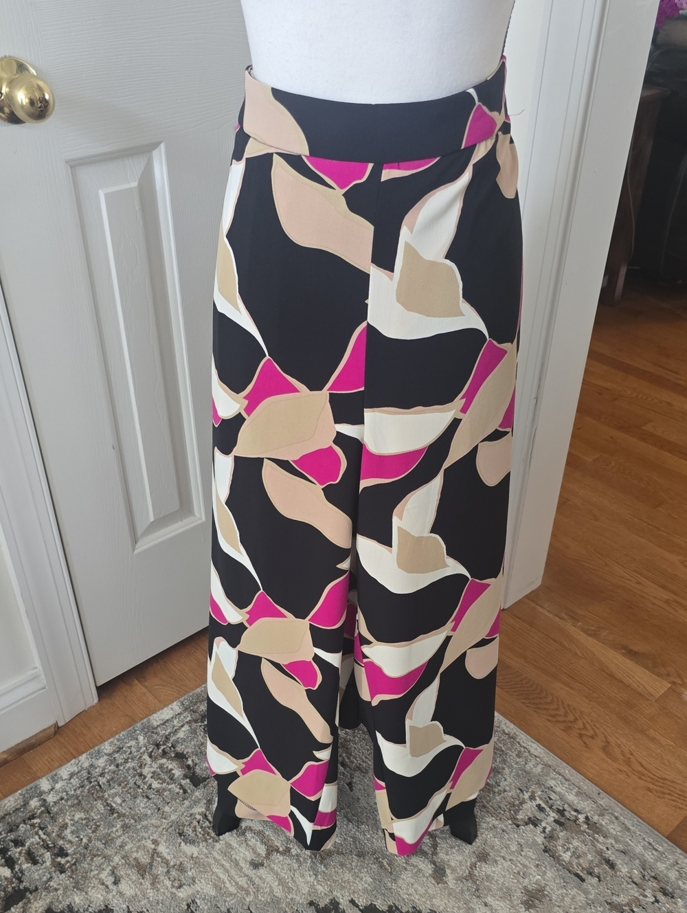 Nine West Brand Women's Plus Black Pink & Beige Wide-Leg Printed Pants Size 3X